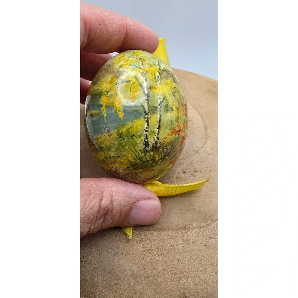 Vintage 2000 Russian Hand Painted Lacquer Egg Ornament Birch Tree Landscape